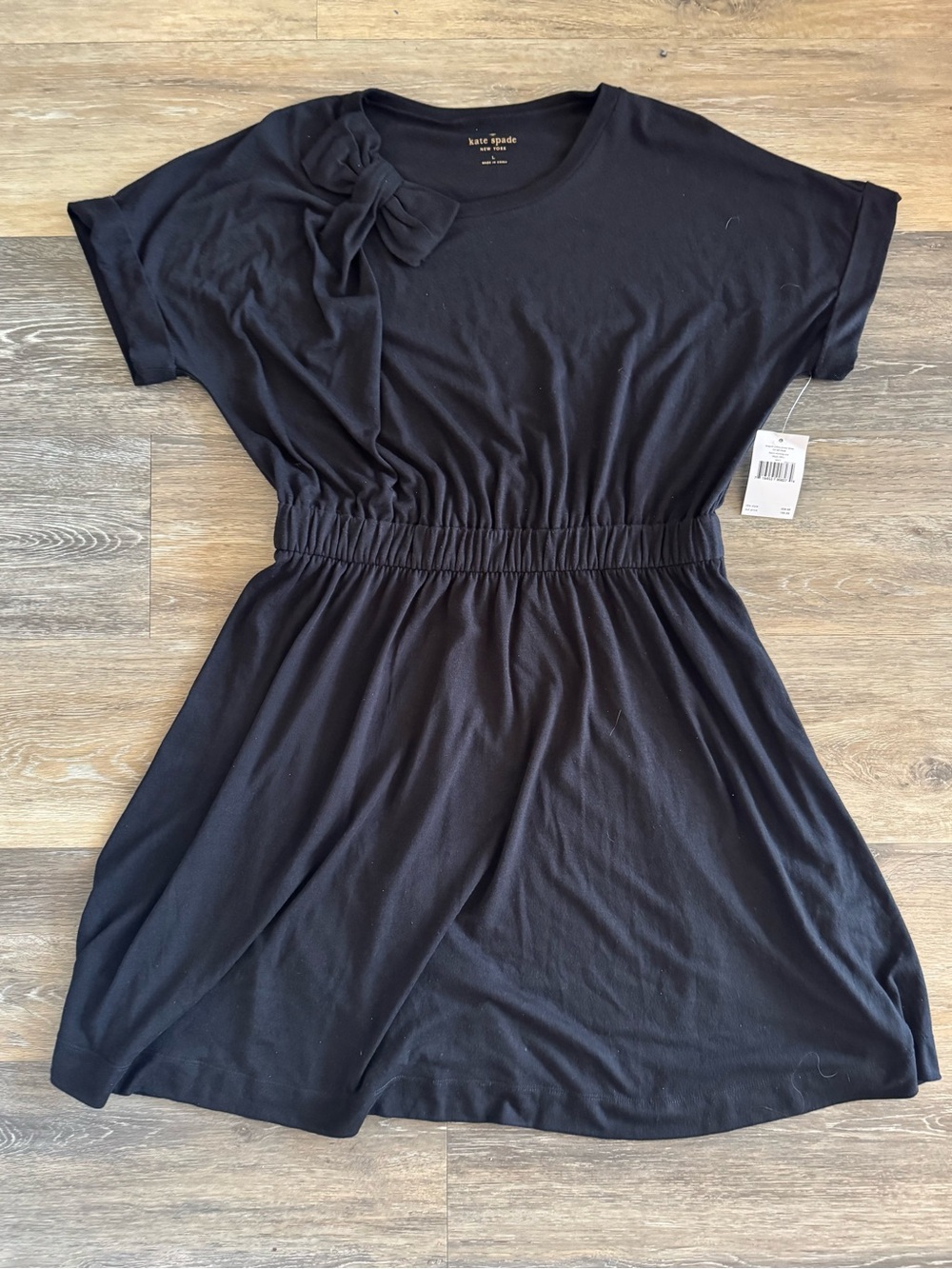 kate spade Black Short-Sleeve Elastic-Waist Bow-Accent Mini Dress NWT